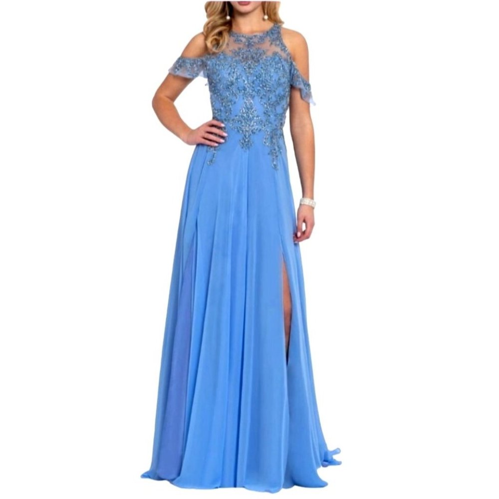 Camille La Vie Beaded Cold Shoulder Chiffon Formal Dress